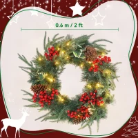 HOMCOM Ghirlandă de Crăciun de 60 cm cu lumini LED albe, timer, conuri, boabe și frunze de ilex, verde(m-3)