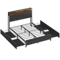 HOMCOM Cadre de lit 140 x 190 cm avec sommier à lattes en métal, lit double rembourré avec 4 tiroirs et étagère, noir(m-13)