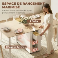 HOMCOM Table à manger pliante pour 6 personnes 39-168 cm, table de cuisine avec 2 tiroirs et 4 étagères ouvertes, blanc(m-4)