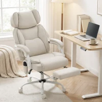 HOMCOM Silla de Escritorio Reclinable con Masaje Vibratorio de 6 Puntos Calor Lumbar Reposacabezas Ajustable Reposapiés Crema(m-10)