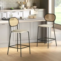 HOMCOM Juego de 2 Altos de Cocina con Respaldo de Ratán Asiento de PU Marco de Acero y Reposapiés Beige(m-10)