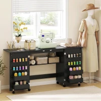HOMCOM Masă de cusut pliabilă, mobilier de cusut pe roți, 2 uși magnetice, 4 tăvițe, 20 cârlige, 160x40x83cm, negru(m-7)