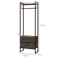 HOMCOM Cuier de Podea cu Bară, 3 Sertare și Rafturi, din Lemn MDF și Oțel, 58,5x30x178 cm, Maro(m-3)