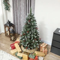 HOMCOM Brad de Crăciun de 150 cm Înălțime pentru Interior cu 398 de Crengi, Conuri și Fructe Roșii, Bază din Metal, Verde(m-8)