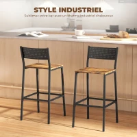 HOMCOM Lot de 2 tabourets de bar, chaises de bar, assise 72,5H cm, dossier et repose-pieds, pieds en métal, brun rustique(m-4)