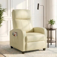 HOMCOM Recliner Armchair, Massage Faux Leather Push Back Reclining Chair with Adjustable Leg Rest, Side Pocket, Cream White(m-14)