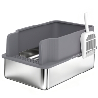 PawHut Arenero para Gatos de Acero Inoxidable L con Bandeja de Tamizado Borde Alto Pala 10 Empapadores Gris Oscuro