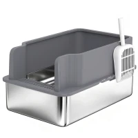 PawHut Arenero para Gatos de Acero Inoxidable L con Bandeja de Tamizado Borde Alto Pala y 10 Empapadores Gris Oscuro(m-1)