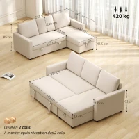 HOMCOM Canapé d'angle convertible modulable avec méridienne réversible, coffre de rangement et 3 coussins de dossier, crème(m-3)