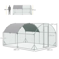 PawHut țarc pentru găini din metal galvanizat cu acoperiș și acoperire anti-UV, 280x380x197 cm, argintiu(m-3)