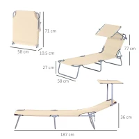 Outsunny 2 Pieces Outdoor Foldable Sun Lounger, 4 Level Adjustable Backrest Reclining Sun Lounger Chair with Angle Adjust Sun Shade Awning for Beach, Garden, Patio, Beige(m-3)