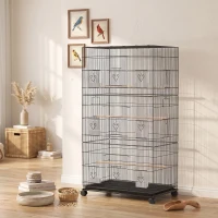 PawHut Grande Cage à Oiseaux sur Roulettes en Acier, Plateau Amovible, Portes, Perchoirs, Mangeoires, 77x46,5x141cm, Noir(m-2)