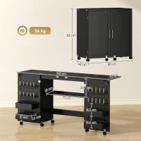 HOMCOM Masă de cusut pliabilă, mobilier de cusut pe roți, 2 uși magnetice, 4 tăvițe, 20 cârlige, 160x40x83cm, negru(m-3)