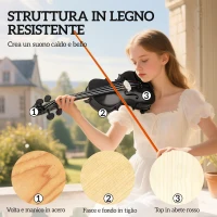 HOMCOM Violino 4/4 in Legno di Abete e Acero con Custodia, Arco, Spalliera e Pece, Nero(m-5)