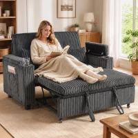 HOMCOM 2 Seater Sofa Bed, Pull Out Sleeper Sofa w/ Adjustable Backrest, Storage Armrests, Cup Holders, Side Pockets, Dark Grey(m-2)