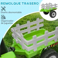 HOMCOM Tractor Eléctrico con Remolque para Niños 3-6 Años con Control Remoto y Cinturón de Seguridad 136,5x50x52,5 cm Verde(m-4)