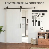 HOMCOM Porta Scorrevole in Stile Country con Binario e Maniglia, in Legno e Acciaio, 183x0.6x4 cm, Bianco e Nero(m-7)