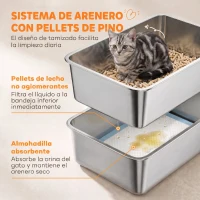 PawHut Arenero para Gatos de Acero Inoxidable L con Bandeja de Tamizado Borde Alto Pala y 10 Empapadores Gris Oscuro(m-4)