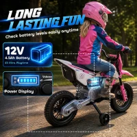 AIYAPLAY Kids Electric Motorcycle, 12V Ride On Motorbike with Training Wheels, Soft Start, Suspension, Music for 3–6 Years, Pink(m-6)