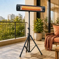 Outsunny Radiateur Infrarouge sur Pied 2500 W IP65, Télécommande, Minuterie, 3 Niveaux, Hauteur Réglable, 87x81x180cm, Noir(m-2)