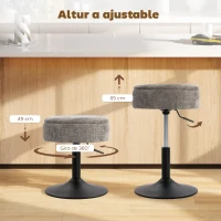 HOMCOM Taburete de Bar con Almacenaje Altura Ajustable Taburete de Cocina Redondo Giratorio Tapizado en Chenilla Gris(m-6)