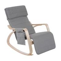 HOMCOM Silla de Relax Mecedora Balancín de Madera con Reposapiernas Ajustable y Bolsa para Revistas (Gris)(m-11)