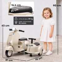 AIYAPLAY Mota Elétrica Infantil VESPA com 2 Assentos, Arranque Suave, Luz, Música, USB e Arrumação, Creme(m-3)