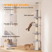 PawHut Tiragraffi per Gatti a Soffitto con Altezza 230-260 cm, 3 Pali Graffiatoi, Amaca, in Peluche, Grigio Chiaro(m-3)