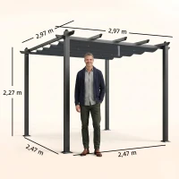 Outsunny Pergola Gazebo 3x3 m con 8 Fori di Drenaggio, in Alluminio, Metallo e Poliestere, Grigio Scuro(m-3)