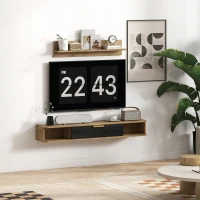 HOMCOM Conjunto de Muebles de Salón Muebles de TV con Estante de Pared Compartimentos Orificios para Cables 120x24x16 cm Roble(m-7)