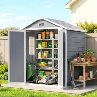 Outsunny Abri de jardin cabanon en résine polypropylène 2,12 m² - 2 portes 1 fenêtre et 1 grille d'aération, toit à pignon, gris(m-17)