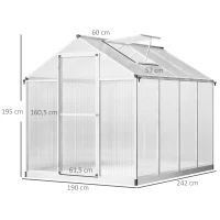 Outsunny Serre de jardin en aluminium polycarbonate, serre avec fenêtres supérieures réglables, porte battante, abri extérieur résistant aux intempéries pour plante fleur, 242x190x195 cm, transparent(m-3)