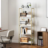 HOMCOM 5-Tier Bookshelf, Modern Bookcase with Metal Frame - White and Gold Tone(m-10)