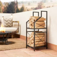 Outsunny Suport lemne de foc pe 2 niveluri din metal cu bază ridicată, 34x30x80 cm, negru(m-9)