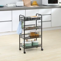 HOMCOM Carrello da Cucina a 4 Ripiani Rimovibili con 4 Ganci e Ruote, in Acciaio e Plastica PP, 45x26.5x84 cm, Nero(m-2)