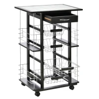 HOMCOM Carrello da Cucina con Cassetto, 4 Cesti di Frutta Estraibili e Piano in Ceramica, Carrello Cucina Salvaspazio con 4 Ripiani Laterali in Legno di Pino e Metallo, 57x37x83 cm, Nero(m-11)
