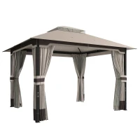 Outsunny Gazebo da Giardino 3x3.6 m con Doppio Tetto, Tende e Zanzariera, in Metallo e Poliestere Cachi(m-1)