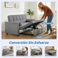 HOMCOM Sofá Cama 2 Plazas 3 en 1 Deslizantede Tejido Lino con Respaldo Ajustable Bolsillos 2 Cojines para Sala de Estar Gris(m-4)