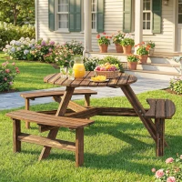 Outsunny Wooden Garden Dining Set, 6 Seater Round Dining Picnic Table with Matching Bench, Garden Furniture Set with Parasol Hole for Outdoor Patio Party and Family Gatherings, Carbonized(m-10)