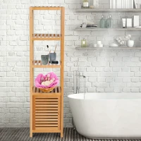 HOMCOM Mobile Alto Bagno/Terrazzo, Scaffale a Torre in Bambù 4 Ripiani + Armadietto con Anta, 36x33x140cm, Color Legno(m-2)