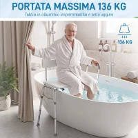 HOMCOM Sedia per Vasca da Bagno con Schienale e Bracciolo, Altezza Regolabile in 10 Livelli, Fino a 136 kg, Bianco(m-7)