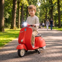 AIYAPLAY Moto Eléctrica para Niños Licencia VESPA Arranque Suave Ruedines Desmontables Luz Delantera Música, Bocina USB Rojo(m-2)