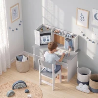 AIYAPLAY Set Scrivania e Sedia per Bambini con Portapenne, Supporto Regolabile per Tablet, Armadietti e Bacheca, Grigio(m-2)