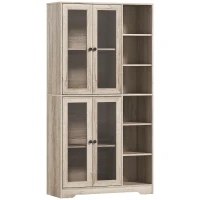 HOMCOM Multi-Storage Kitchen Cabinet, with Glass Doors - Grey Wood-Effect(m-1)