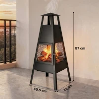 Outsunny Braséro extérieur avec cheminée conique 41x40,5x97 cm acier au carbone avec grille de protection pour patio terrasse noir(m-3)