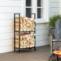 Outsunny Suport pentru Lemne de Foc, de Interior și Exterior, pe Două Niveluri, cu Roți, din Oțel Reforțat, 60x30x119 cm, Negru(m-9)