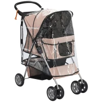 PawHut Dog Stroller with Rain Cover for Small Miniature Dogs, Folding Pet Pram with Cup Holder, Storage Basket, Reflective Strips, Brown(m-1)