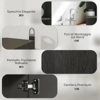 HOMCOM Armadietto con Specchio in MDF e Truciolato con 3 Ripiani Laterali e Ripiano Regolabile Interno, 60x14.5x49.4 cm(m-5)