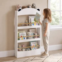 AIYAPLAY Libreria Montessoriana per Bambini 3-8 Anni a Forma di Orso con 4 Ripiani in Legno, 50x15x97 cm, Bianco(m-10)