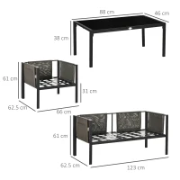 Outsunny 4 Piece Metal Garden Furniture Set with Tempered Glass Coffee Table, Texteline Pocket, Outdoor Set Loveseat Single Armchairs with Padded Cushions, Light Grey(m-3)